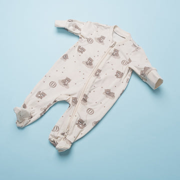 Happy Year Baby Romper – Dreamy Bear & Balloon Print (Footed, Cream Base)