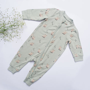 Sage Green Reindeer Zip-Up Baby Romper