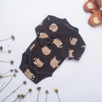 Brown Elephant Print Wrap Romper