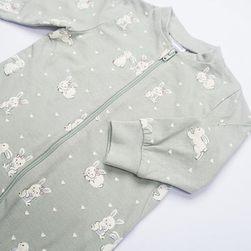 Soft Sage Bunny Print Baby Romper – Full Sleeve, Zipper Closure