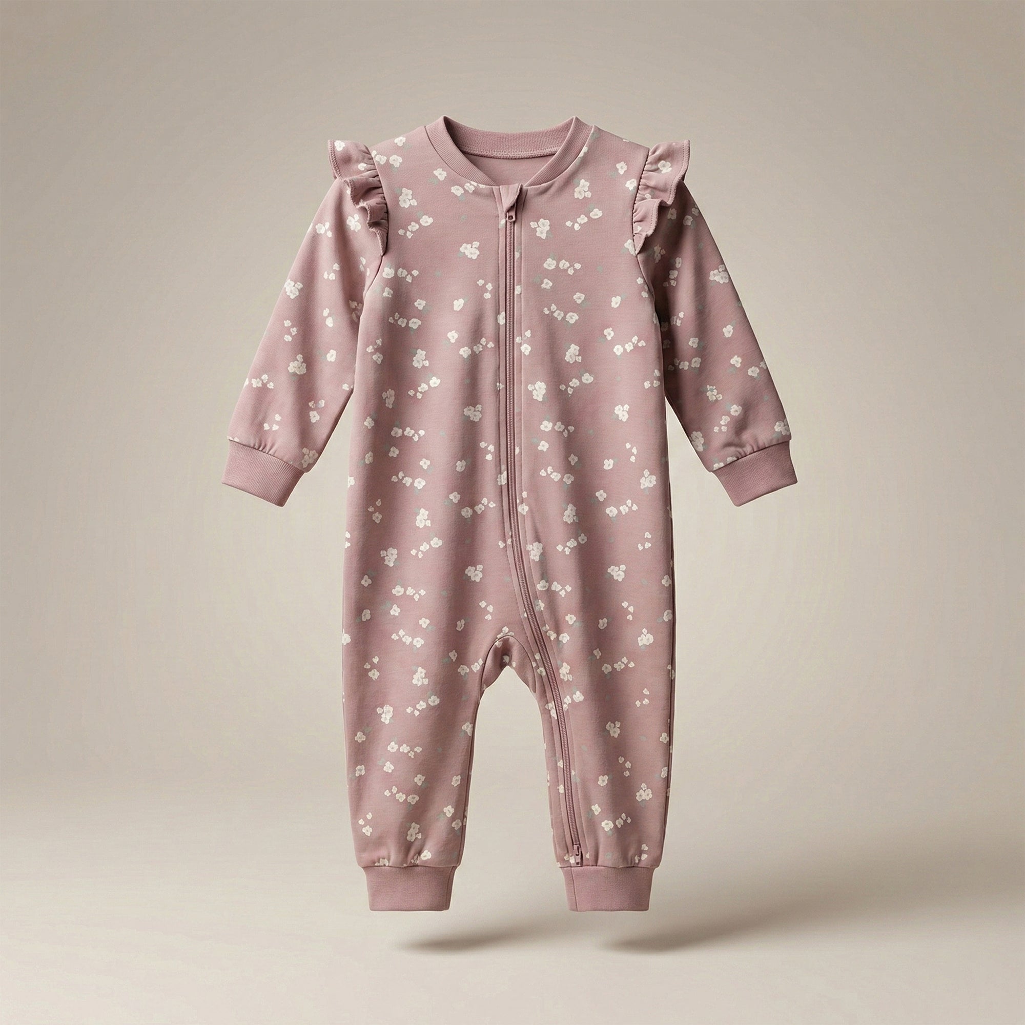 Pink Floral Baby Romper | Soft Cotton Zip-Up Sleepsuit with Ruffle Shoulders