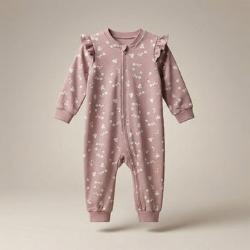 Pink Floral Baby Romper | Soft Cotton Zip-Up Sleepsuit with Ruffle Shoulders
