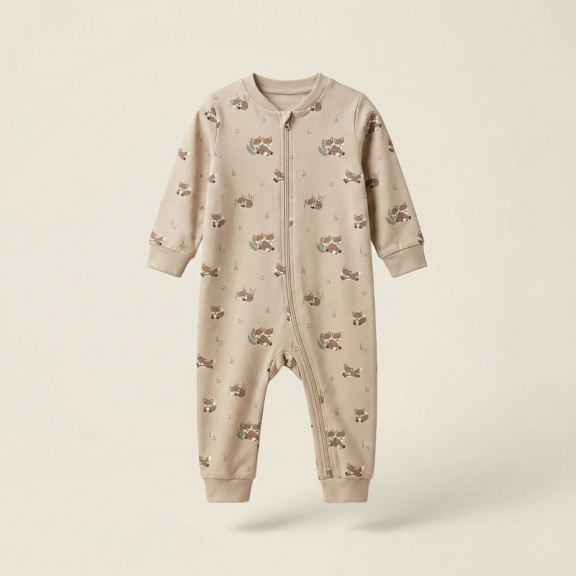 Soft Beige Printed Baby Romper | Premium Cotton Zip-Up Sleepsuit