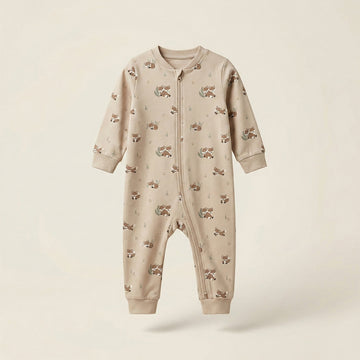 Soft Beige Printed Baby Romper | Premium Cotton Zip-Up Sleepsuit