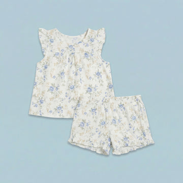 Blue Floral Bunny Print Organic Cotton Baby Top & Shorts Set