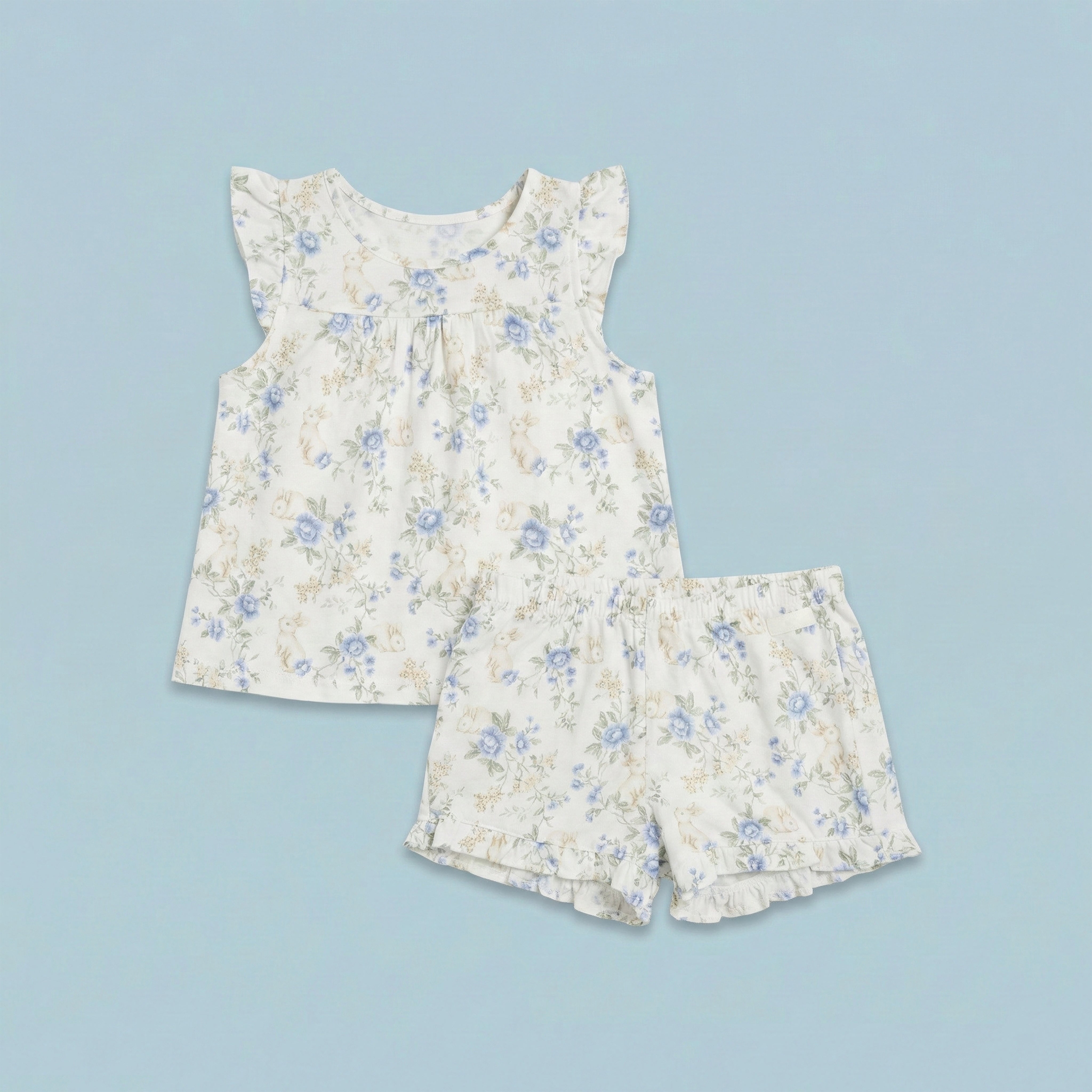 Blue Floral Bunny Print Organic Cotton Baby Top & Shorts Set
