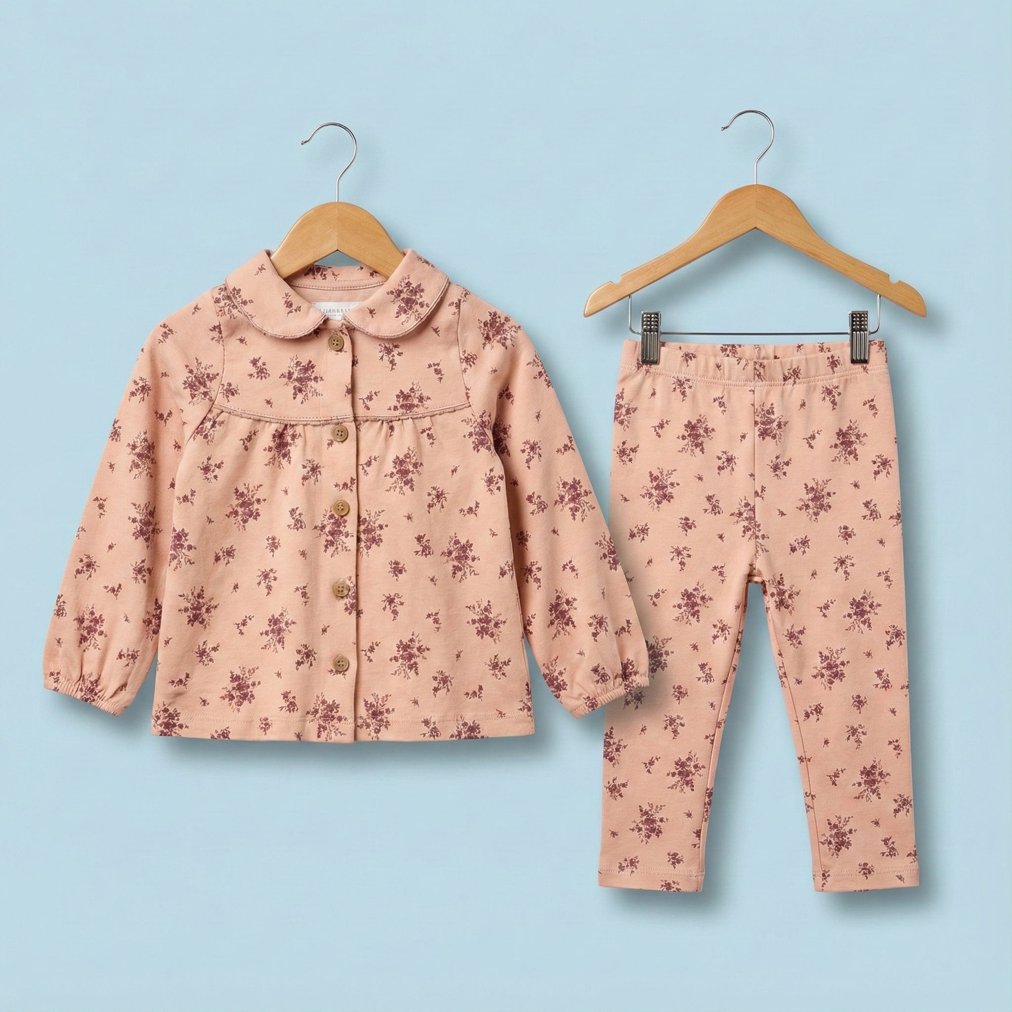 Peach Floral Cotton Two-Piece Set for Girls