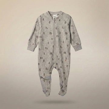 Grey Penguin Print Baby Footed Zipper Onesie