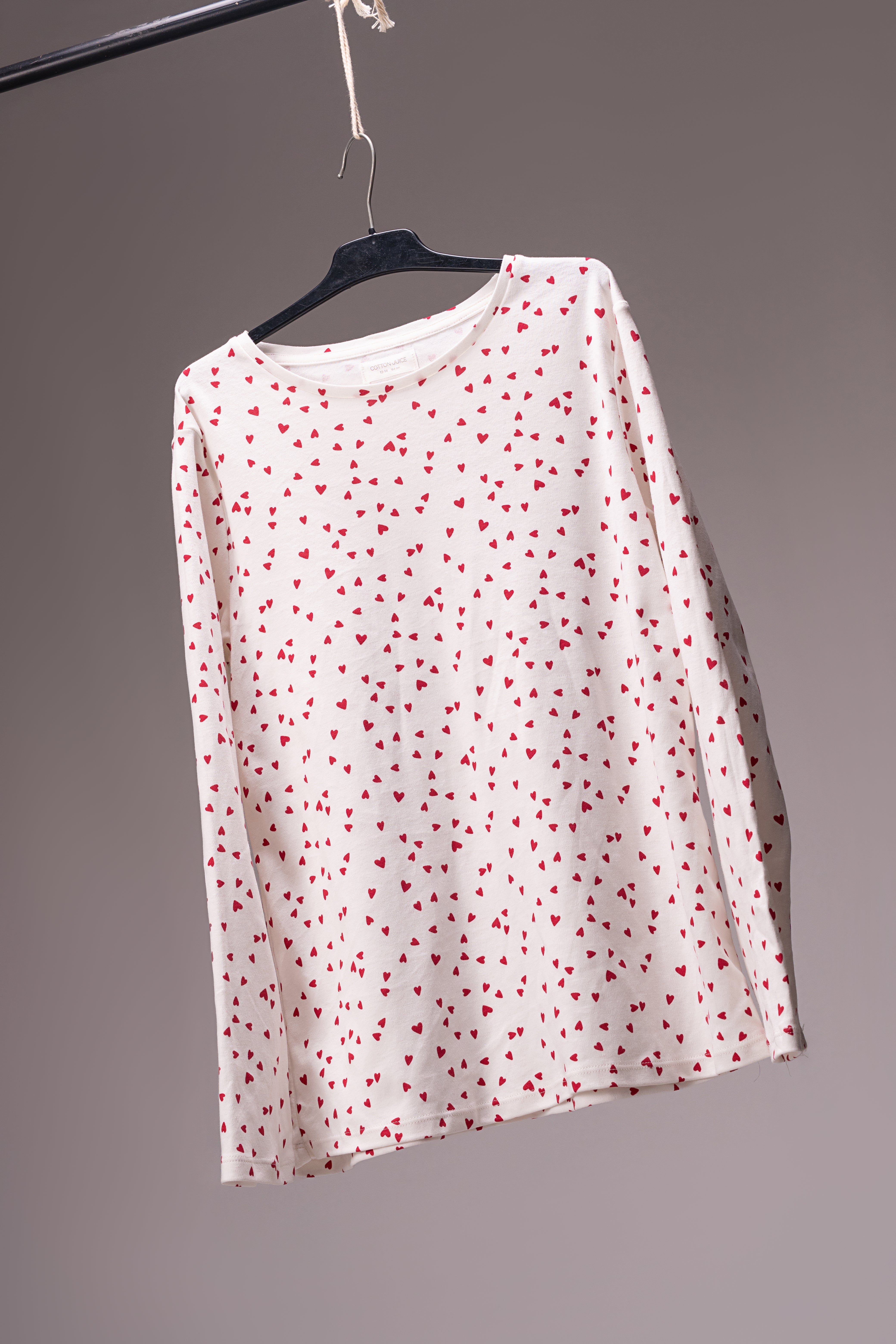 White & Red Heart Print Long Sleeve Top – Soft Cotton Everyday Wear