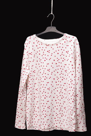 White & Red Heart Print Long Sleeve Top – Soft Cotton Everyday Wear