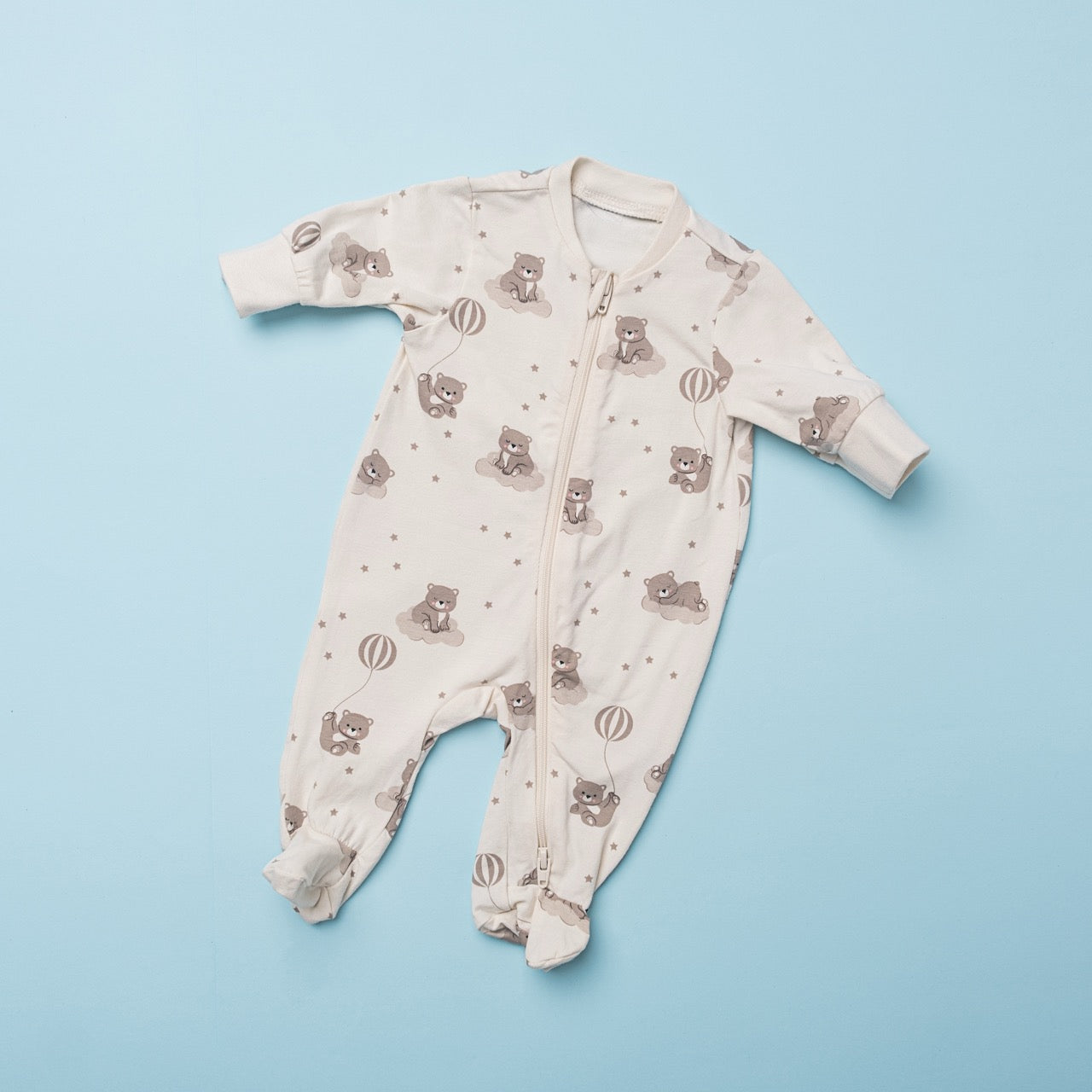 Happy Year Baby Romper – Dreamy Bear & Balloon Print (Footed, Cream Base)