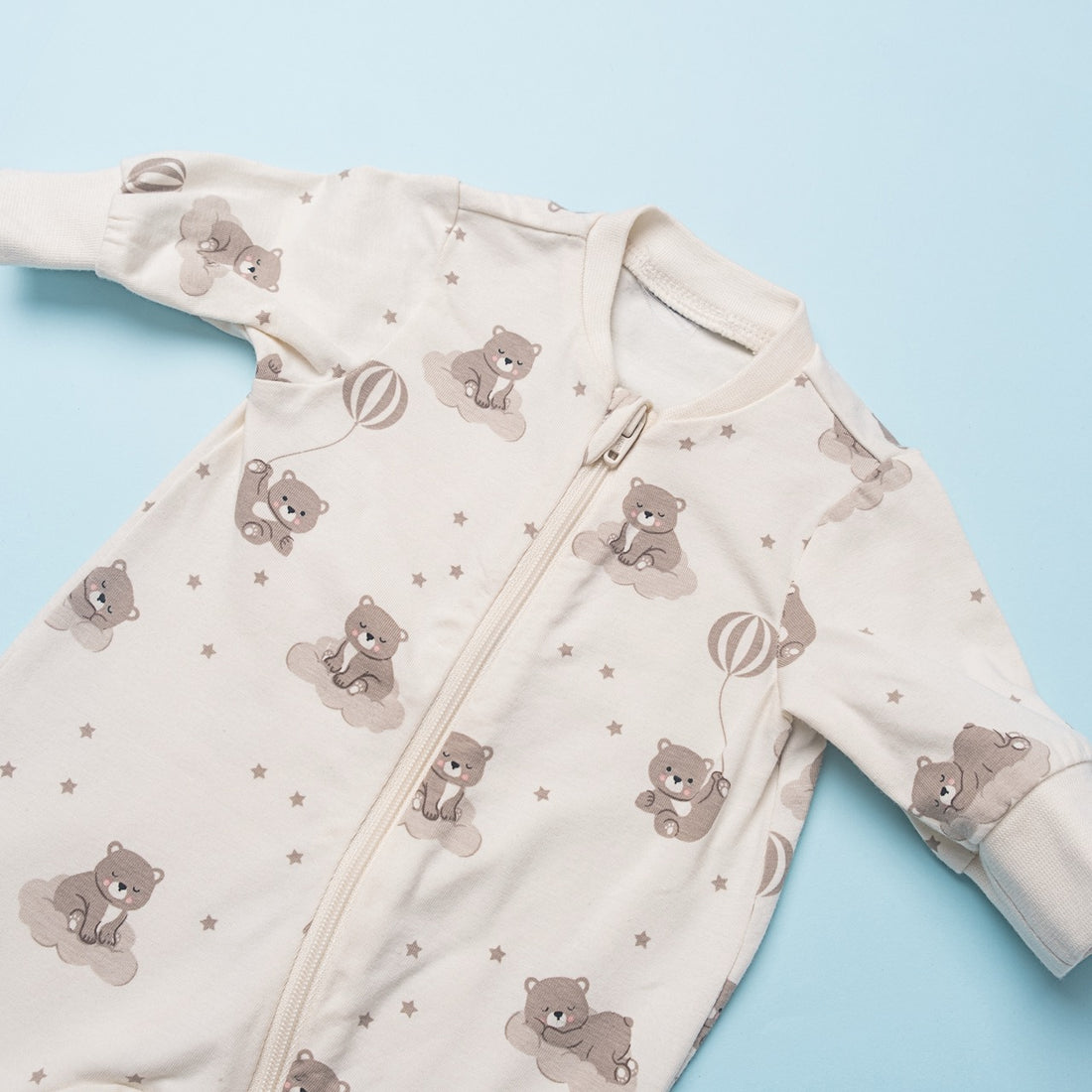 Happy Year Baby Romper – Dreamy Bear & Balloon Print (Footed, Cream Base)