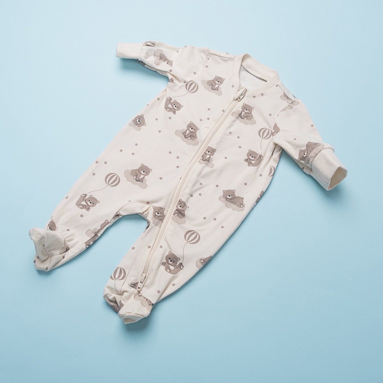 Happy Year Baby Romper – Dreamy Bear & Balloon Print (Footed, Cream Base)