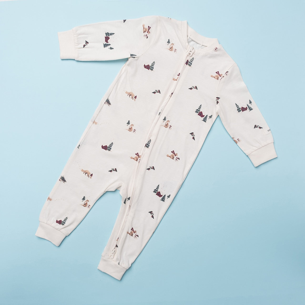 Off-White Baby Romper with Forest Animal & Tent Print