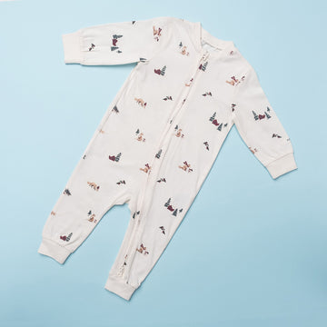 Off-White Baby Romper with Forest Animal & Tent Print