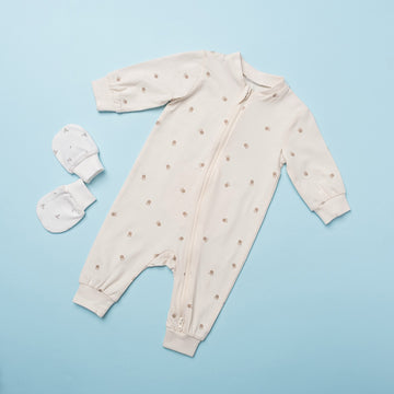 Beige Baby Romper with Minimal Acorn Print
