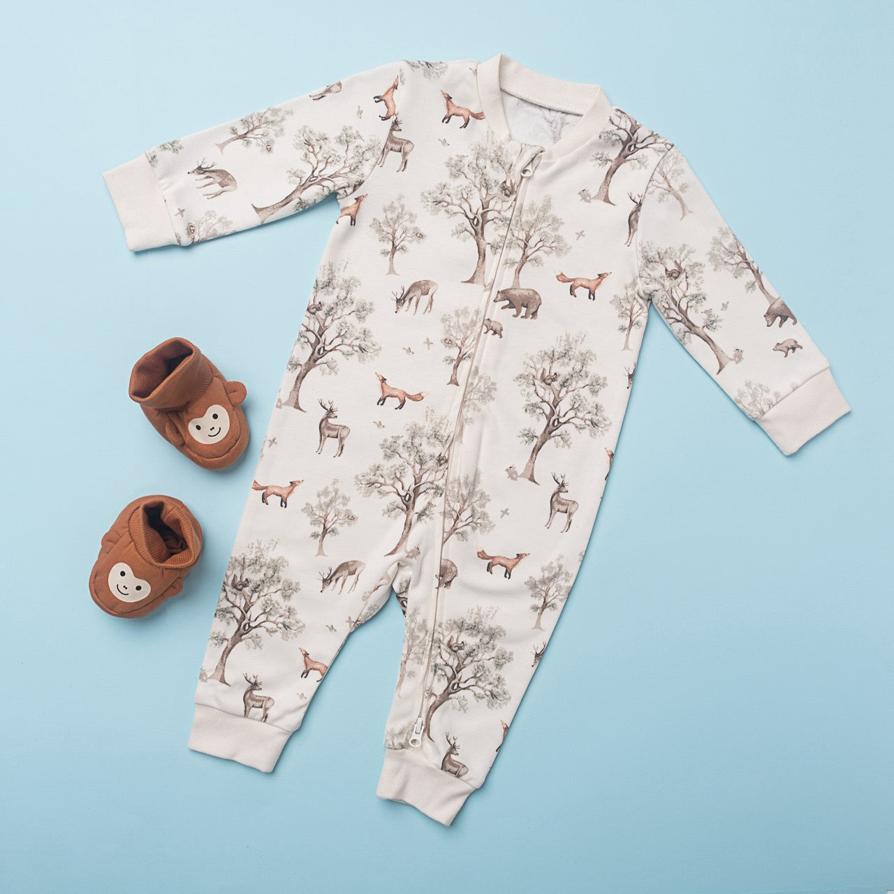 Happy Year Baby Romper – Forest Friends Print (Full Sleeve, Neutral Tone)