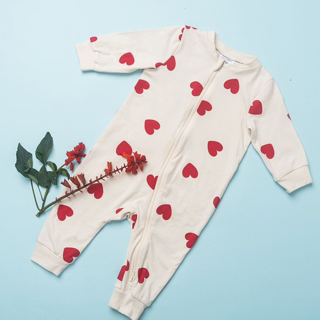Happy Year Baby Romper – Cream with Red Hearts (Full Sleeve, Soft Cotton)