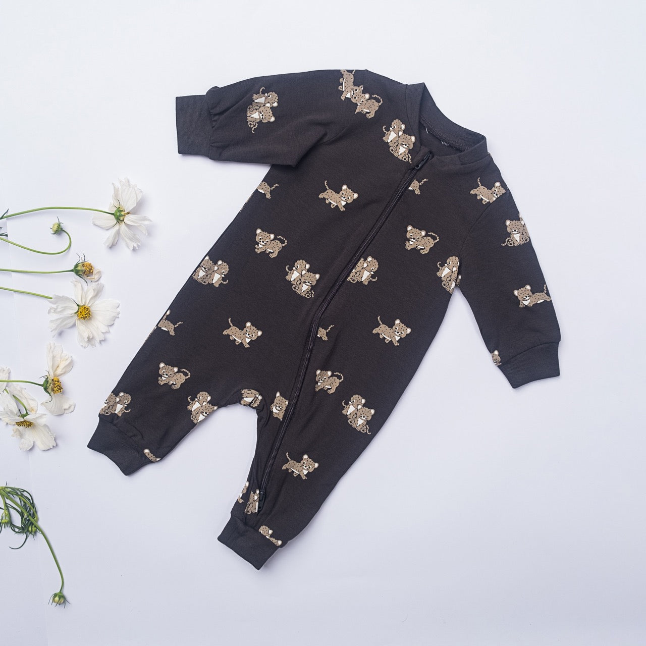 Happy Year Baby Romper – Black with Cheetah Cub Print (Full Sleeve, Cotton)