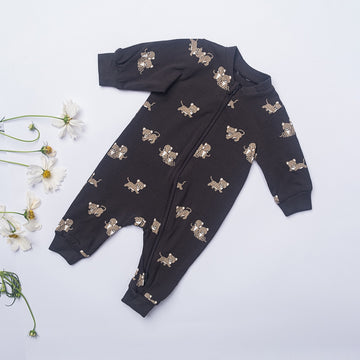 Happy Year Baby Romper – Black with Cheetah Cub Print (Full Sleeve, Cotton)