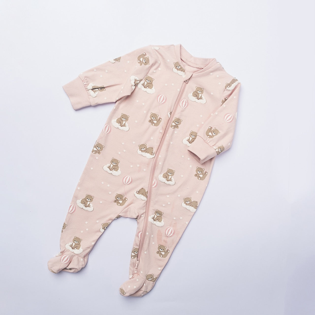 Dusty Pink Bear Print Footed Baby Romper