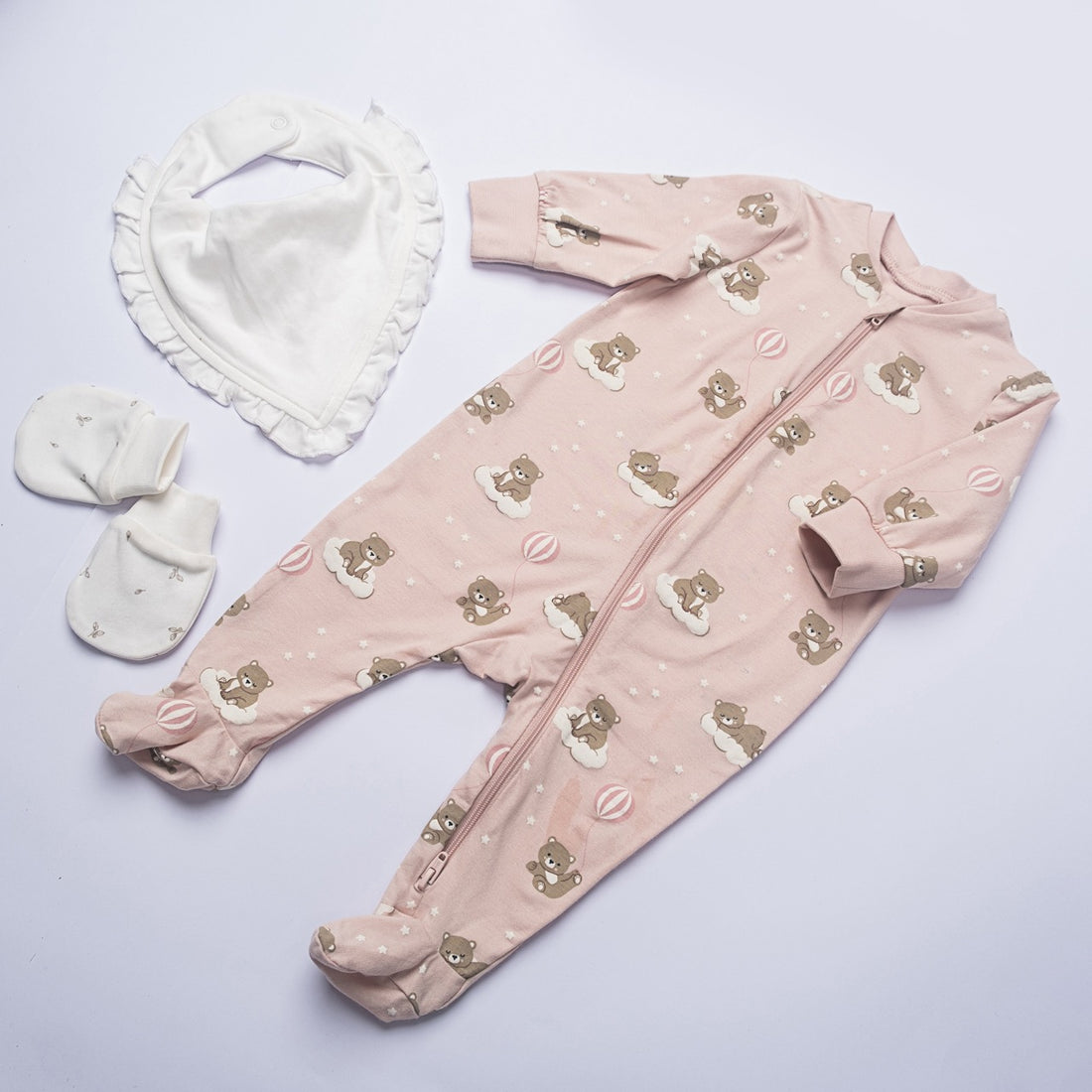 Dusty Pink Bear Print Footed Baby Romper