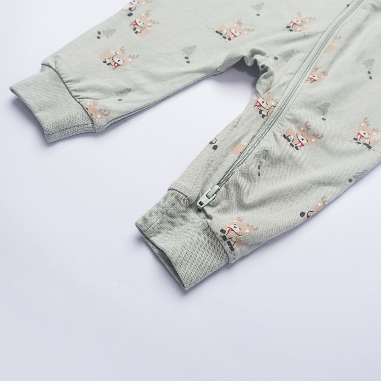 Sage Green Reindeer Zip-Up Baby Romper