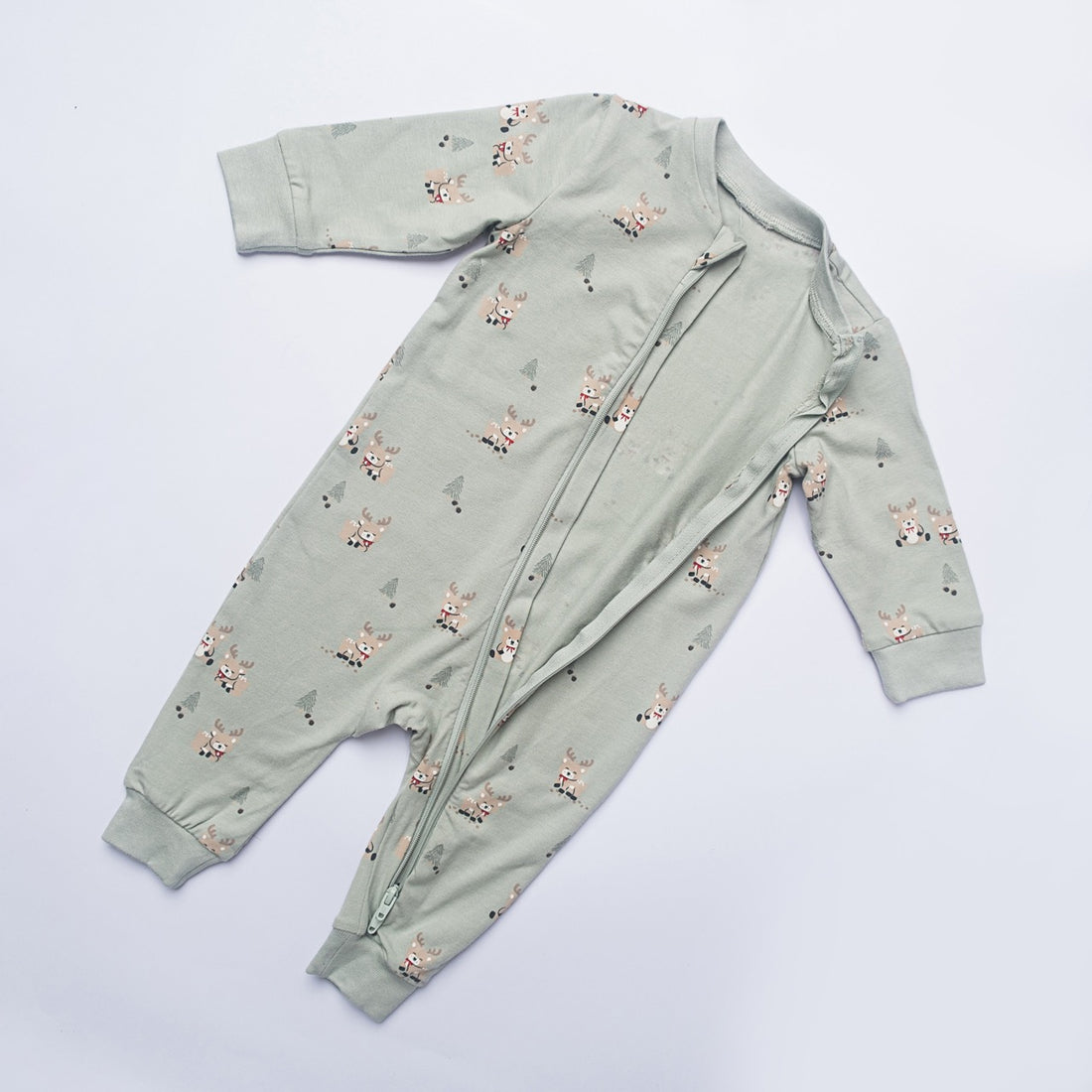 Sage Green Reindeer Zip-Up Baby Romper