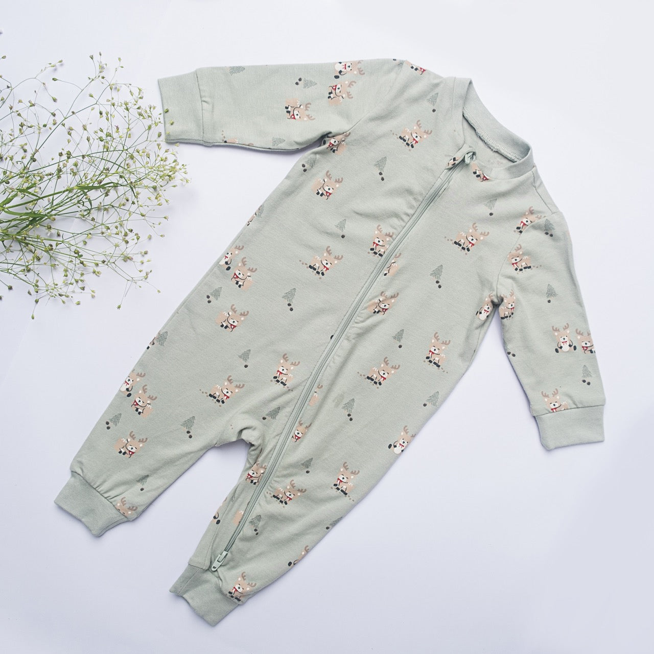 Sage Green Reindeer Zip-Up Baby Romper