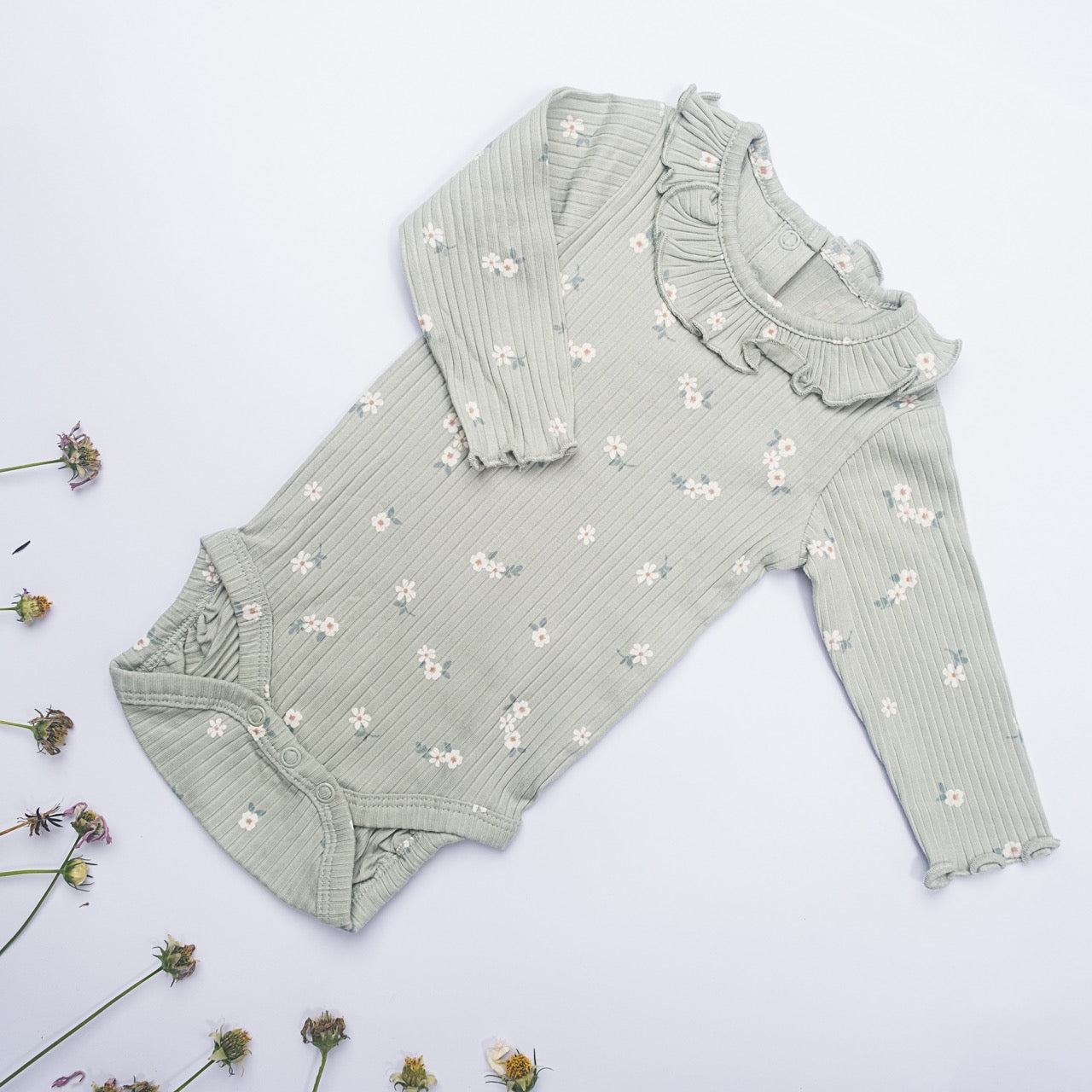 Sage Floral Ribbed Ruffle Romper