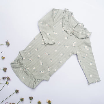 Sage Floral Ribbed Ruffle Romper
