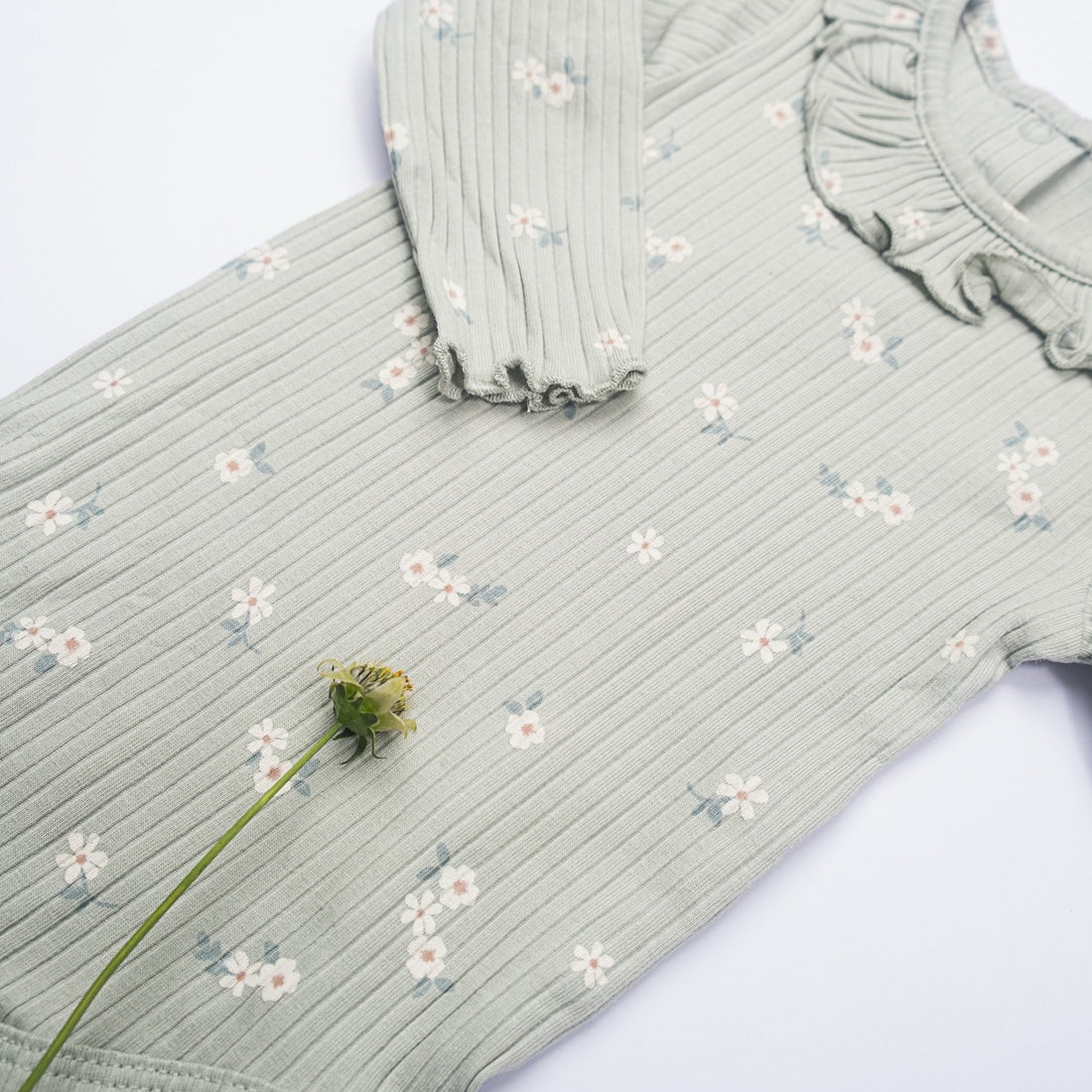Sage Floral Ribbed Ruffle Romper