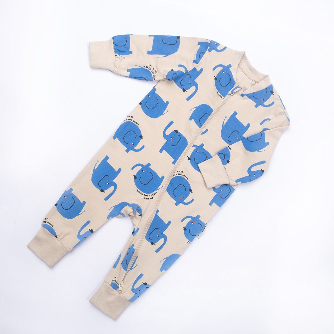 Happy Year Baby Romper – Blue Elephant Print (Full Sleeve, Beige)