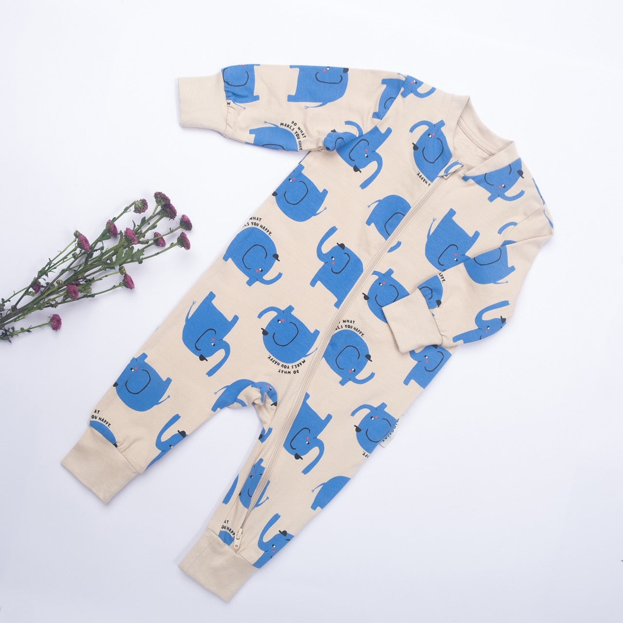 Happy Year Baby Romper – Blue Elephant Print (Full Sleeve, Beige)
