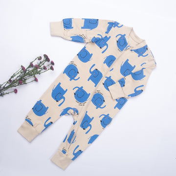 Happy Year Baby Romper – Blue Elephant Print (Full Sleeve, Beige)