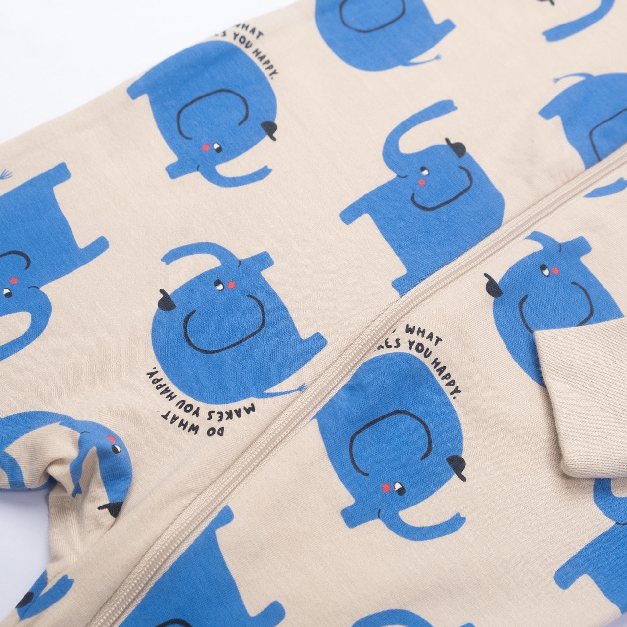 Happy Year Baby Romper – Blue Elephant Print (Full Sleeve, Beige)