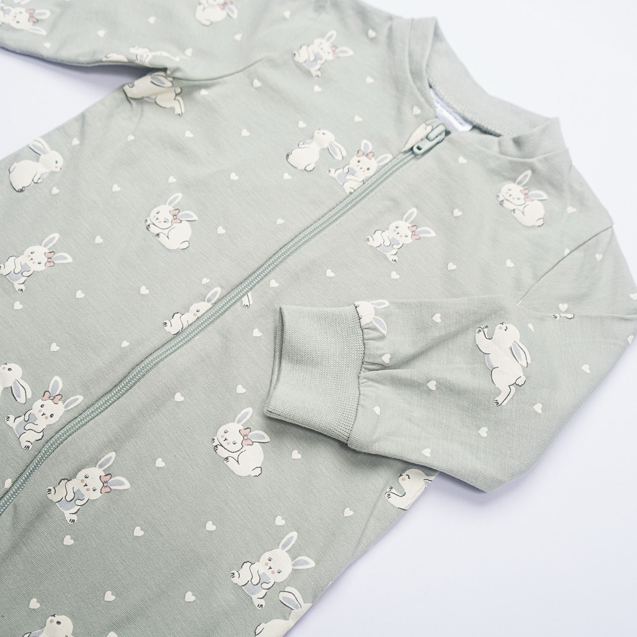 Soft Sage Bunny Print Baby Romper – Full Sleeve, Zipper Closure