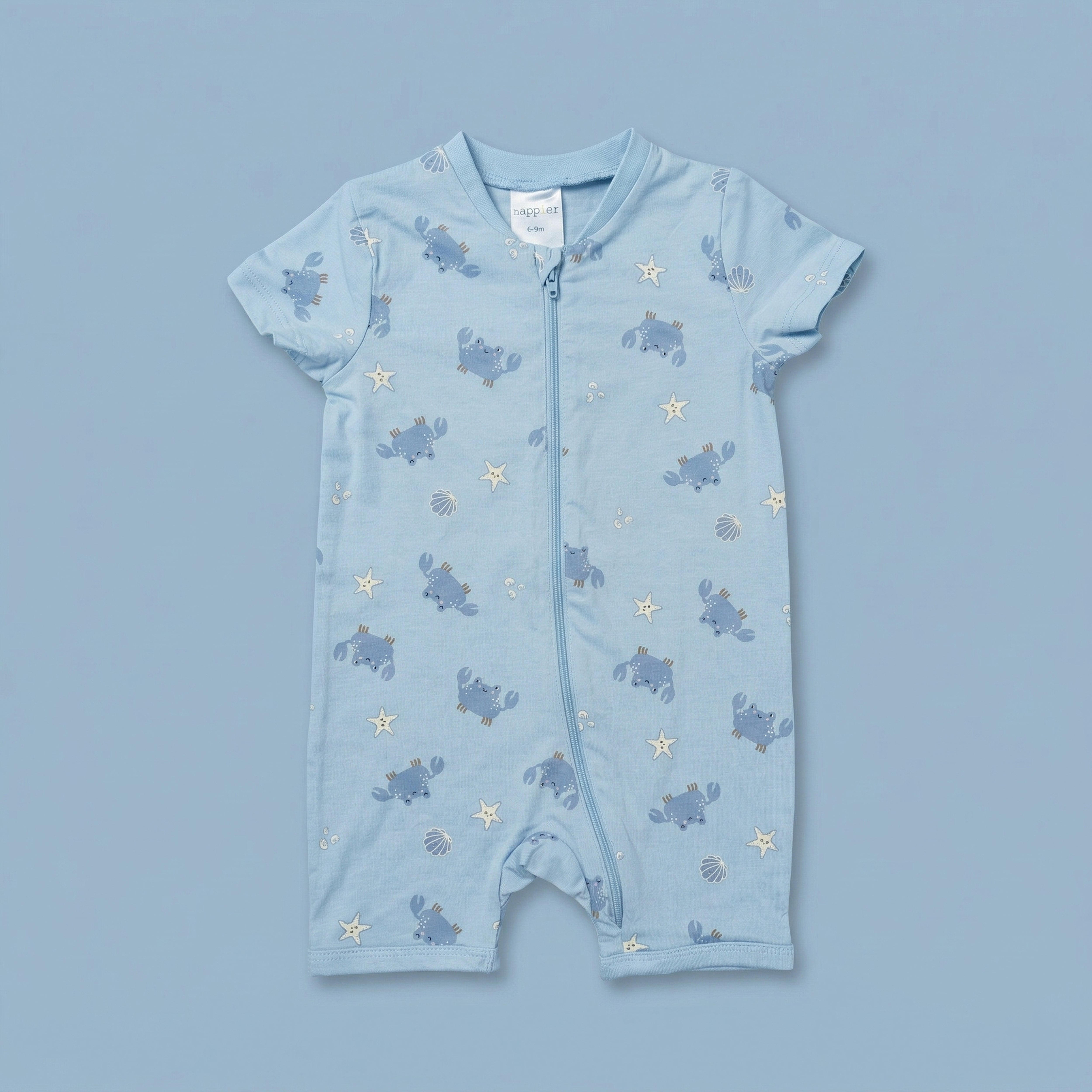Baby Sky Blue Printed Zip-Up Romper – Soft Cotton Infant Onesie