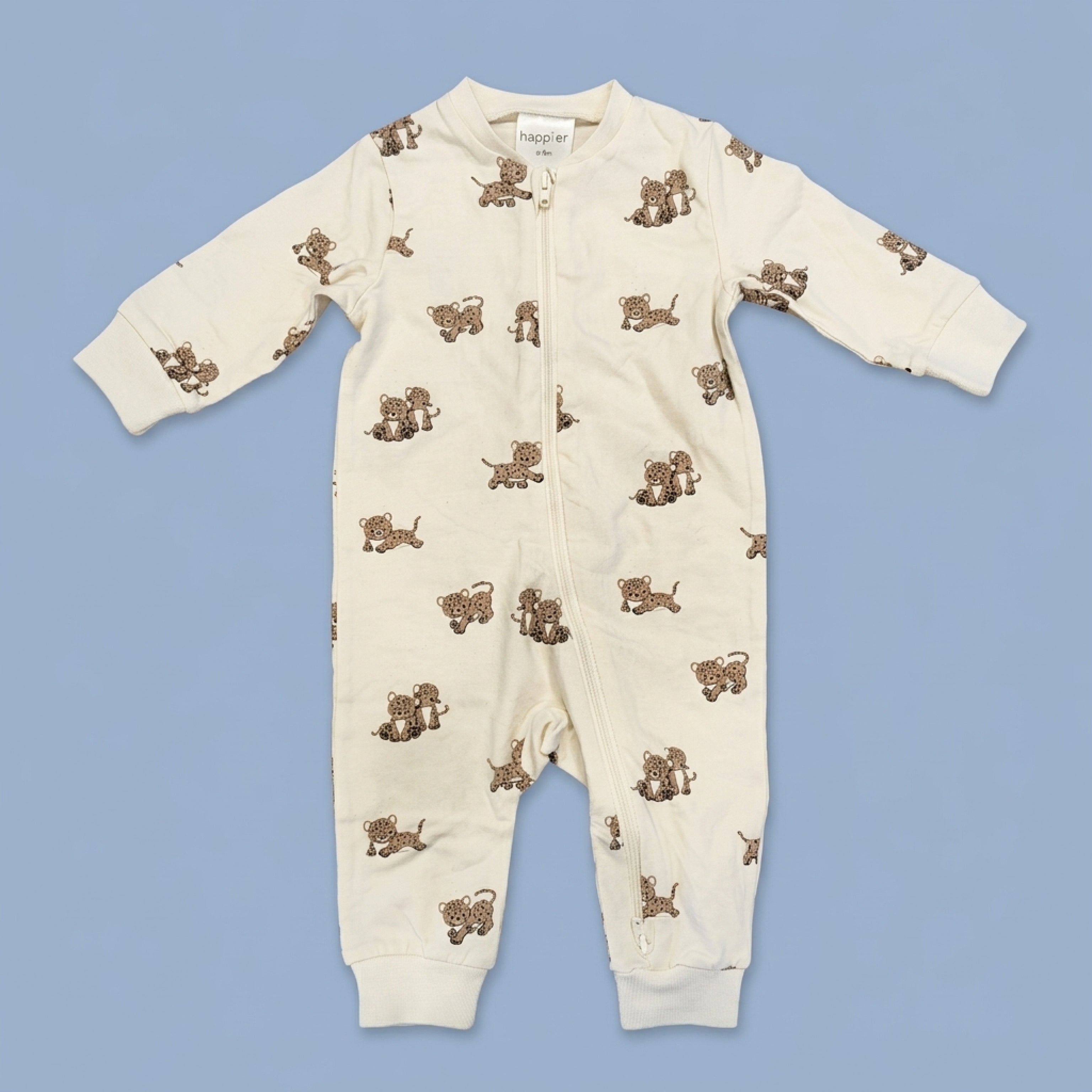 Happier Baby Cotton Zipper Romper – Soft Printed Infant Jumpsuit (Cream Tiger Print)