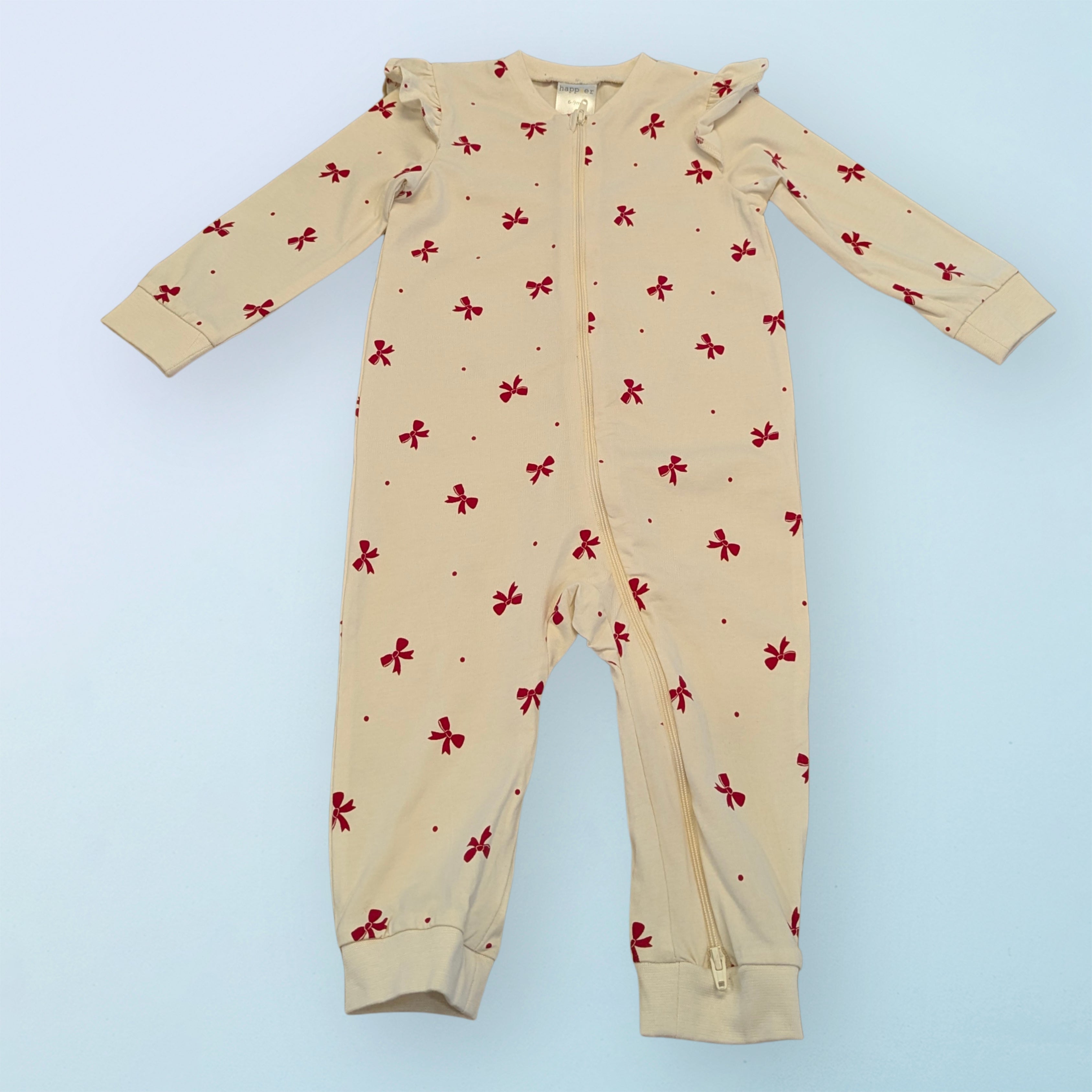 White Bow-Printed Ruffle Baby Romper